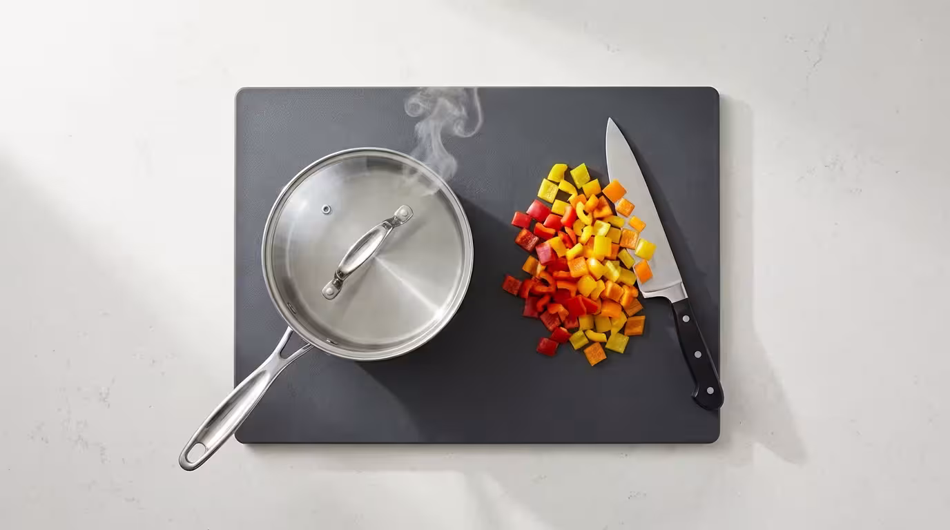 Flat lay of a dark composite cutting board holding a hot pan and chopped vegetables.