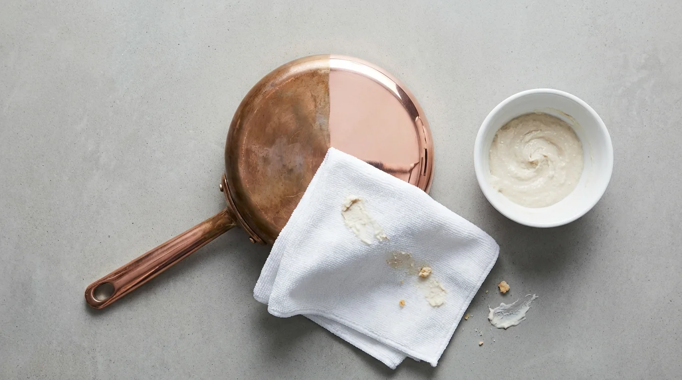 Flat lay of a half-polished copper saucepan on a countertop with cleaning paste.