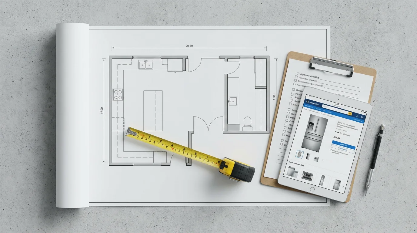 Flat lay of a kitchen blueprint, tape measure, and tablet for appliance planning.