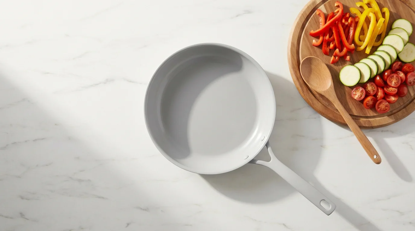 Flat lay of a light gray ceramic skillet with fresh chopped vegetables on a marble countertop.