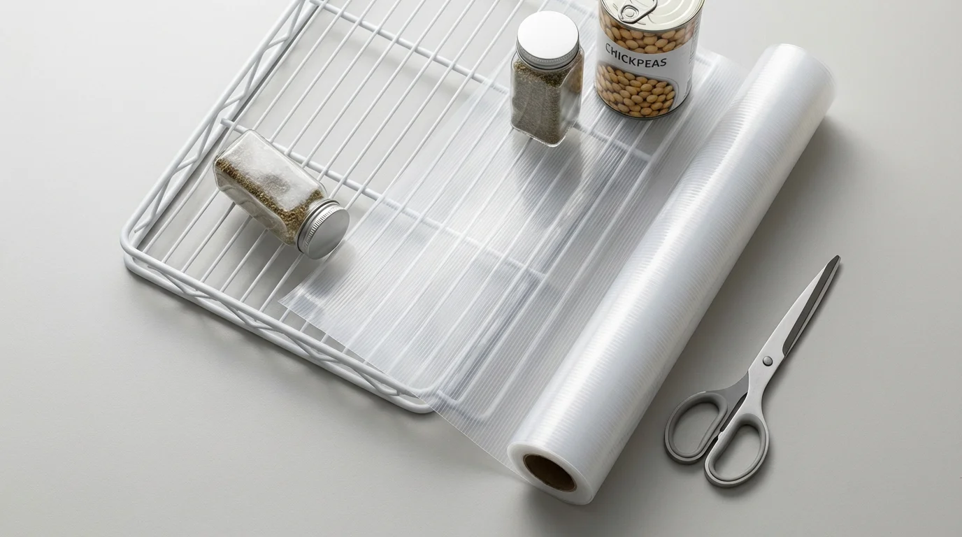 Flat lay of a wire pantry shelf with a clear plastic liner and pantry items.