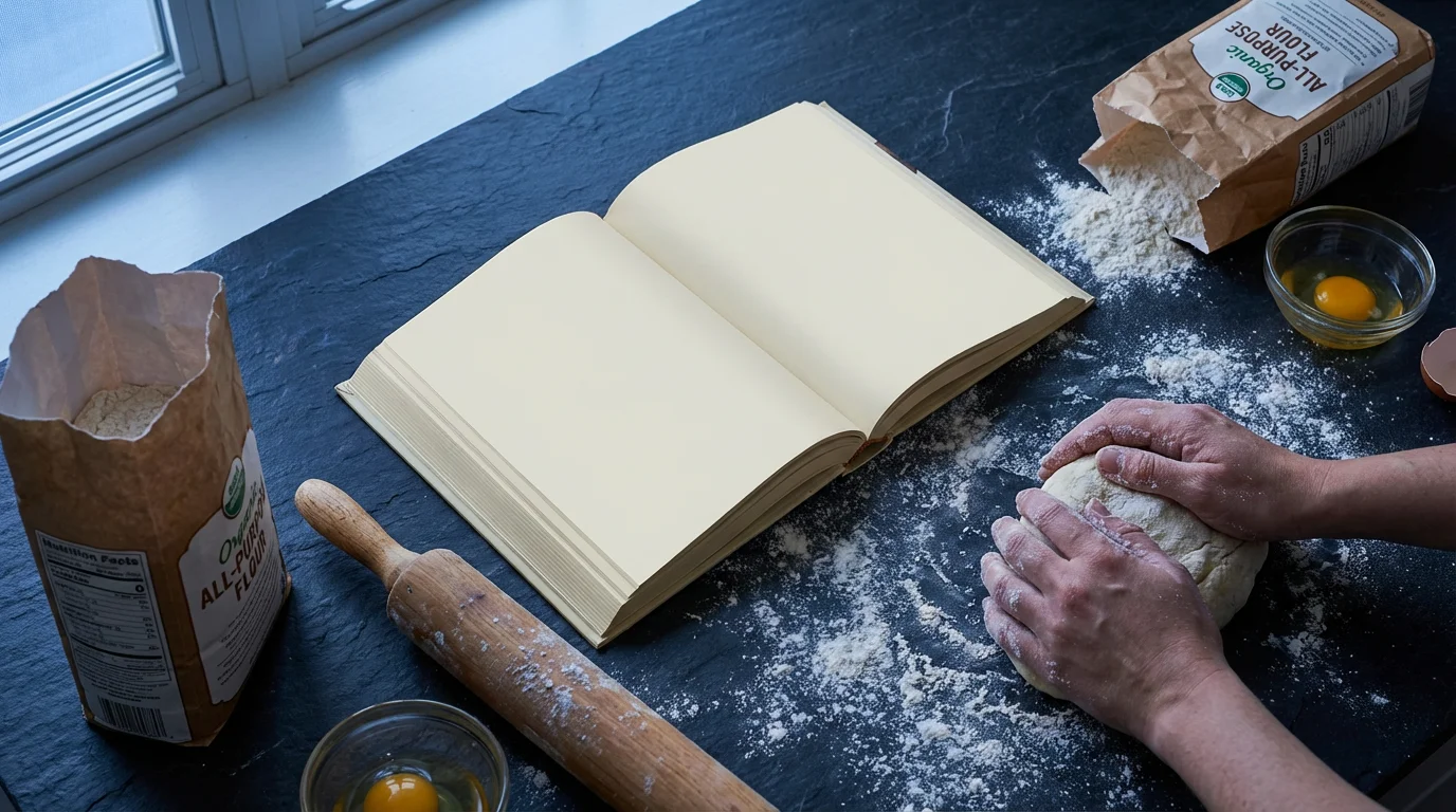 Flat lay of an open cookbook on a dark counter surrounded by flour and baking ingredients.
