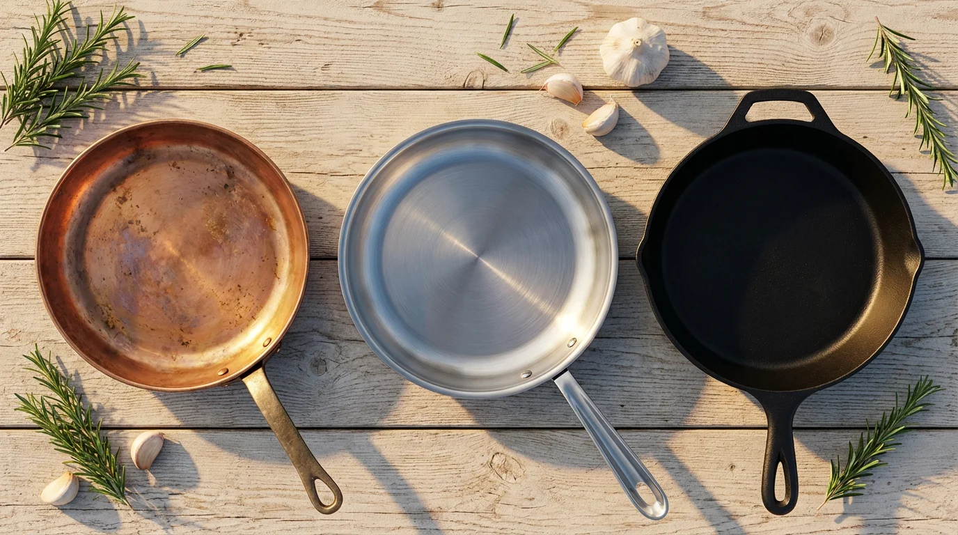 Flat lay of copper, stainless steel, and cast iron skillets for performance comparison.