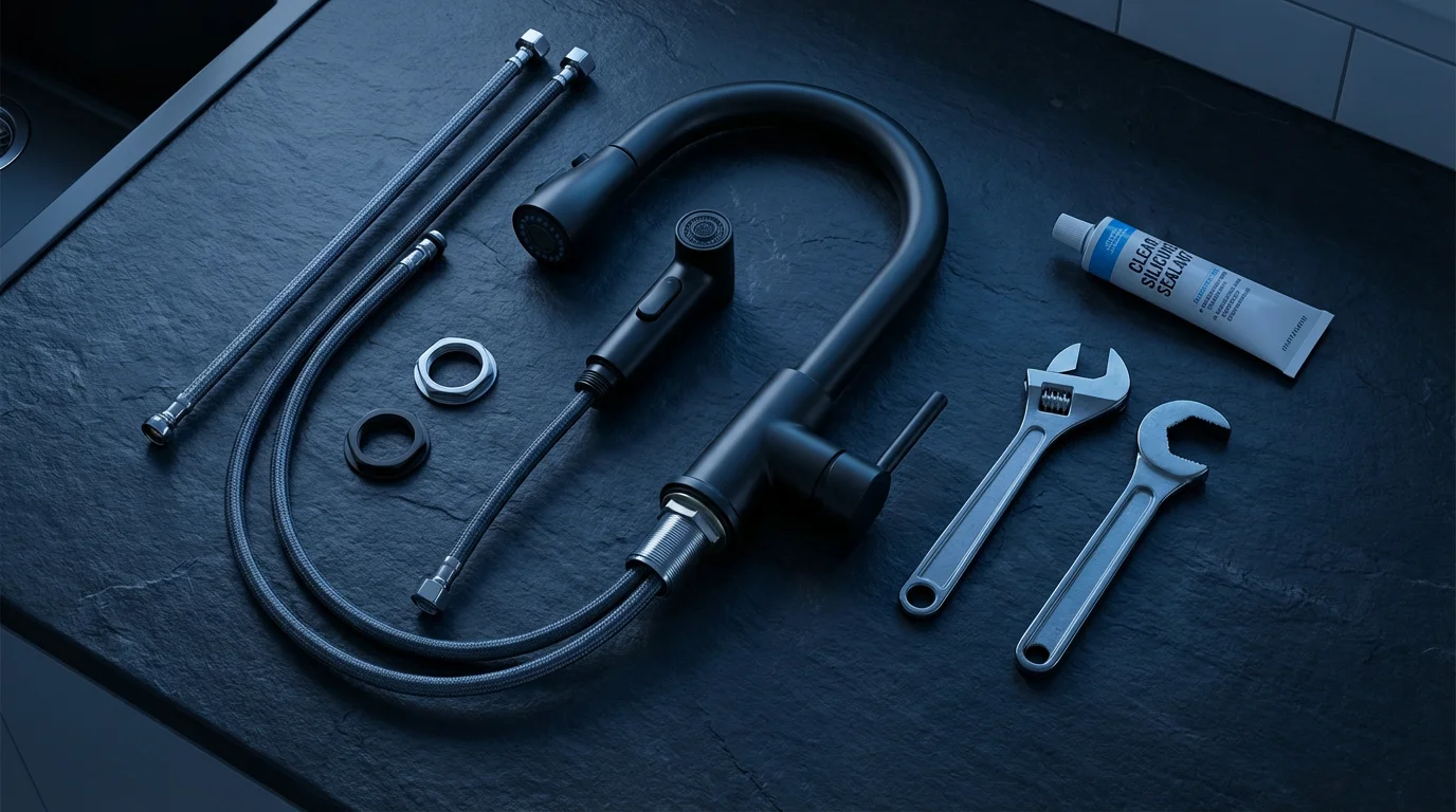 Flat lay of disassembled matte black kitchen faucet and installation tools on slate surface.