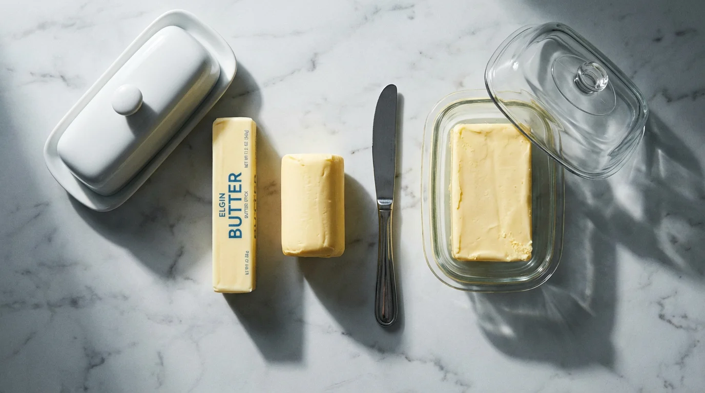Flat lay of East Coast and West Coast butter sticks and dishes for comparison.