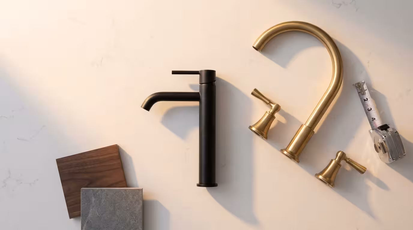 Flat lay of single-hole and three-hole kitchen faucets on a quartz countertop.