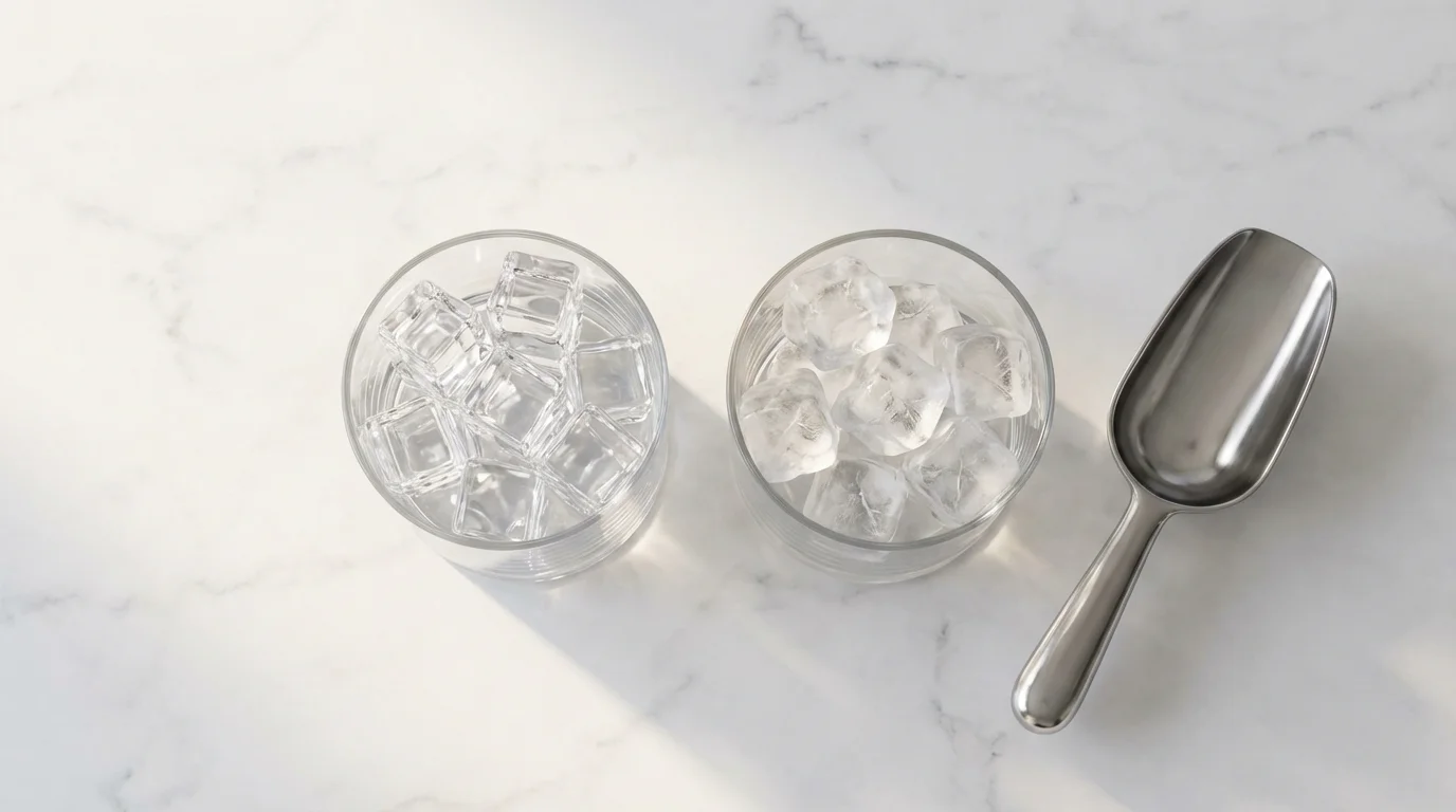 Flat lay of two glasses showing the difference between clear ice and cloudy ice.