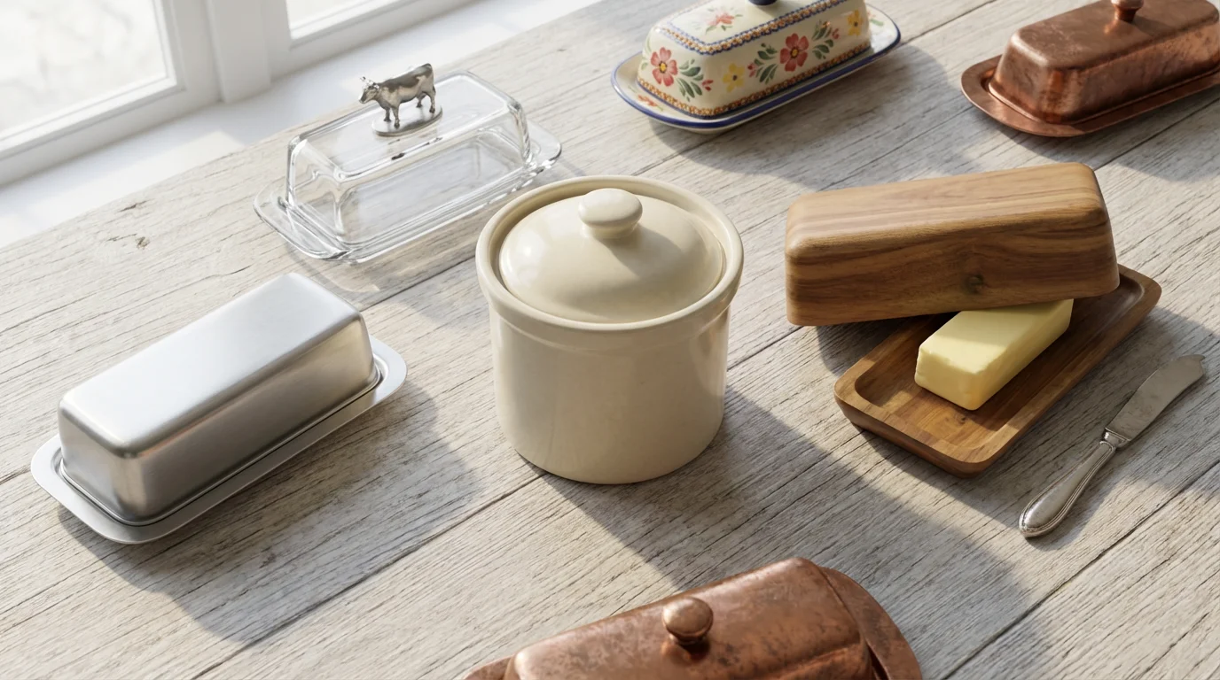 Flat lay of various butter dishes in stoneware, steel, and wood on a table.