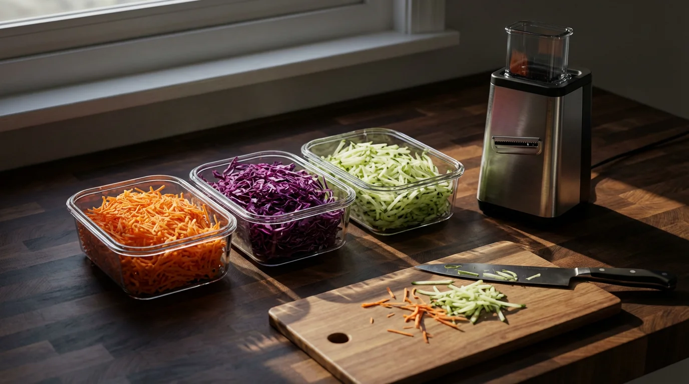 Glass containers of freshly shredded carrots, cabbage, and cucumber on a kitchen counter.