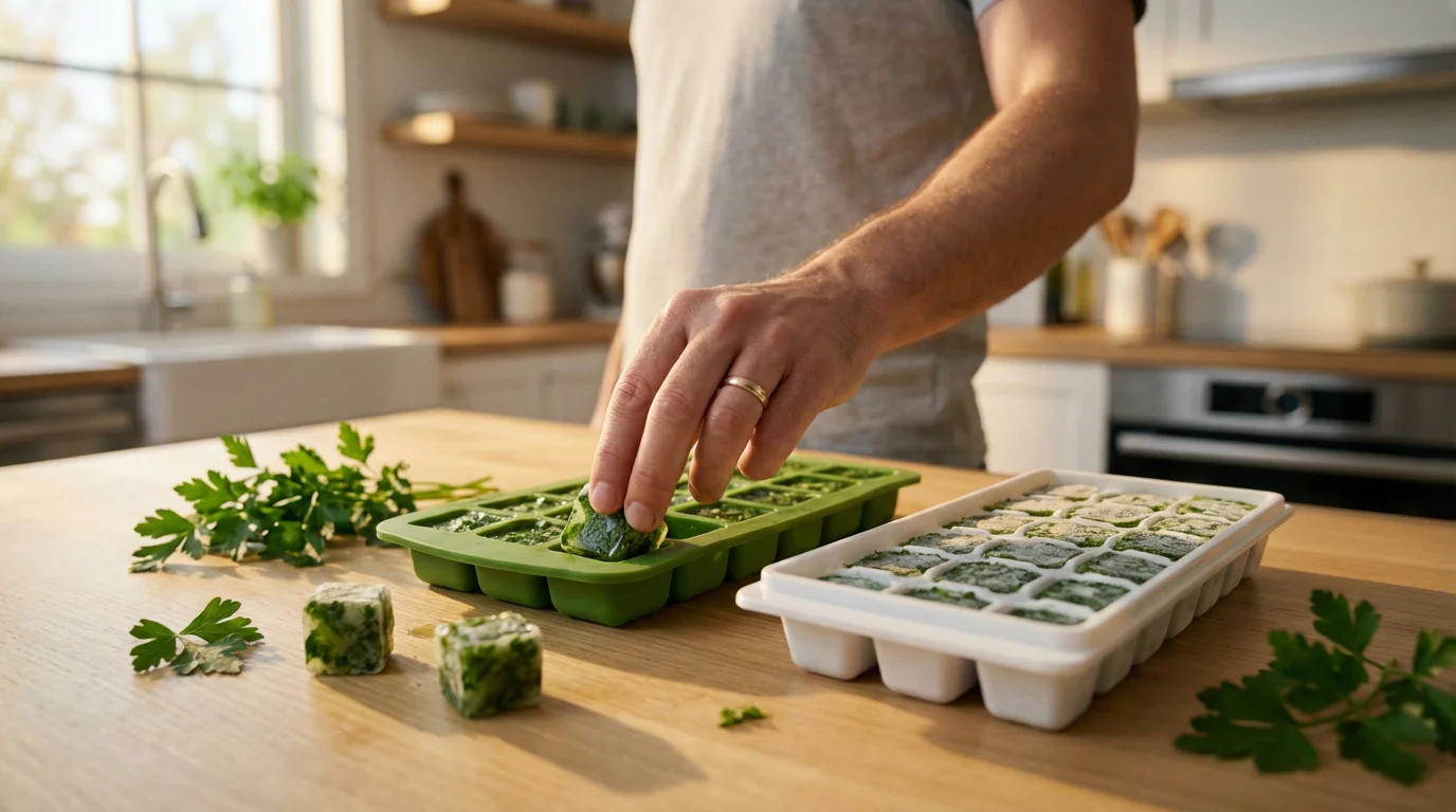 Hand popping a frozen herb cube from a silicone tray next to a rigid plastic one.