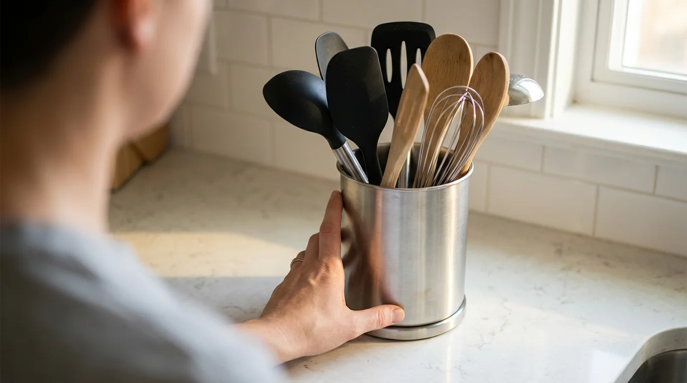 Hand spinning a rotating stainless steel utensil holder on a modern kitchen counter.