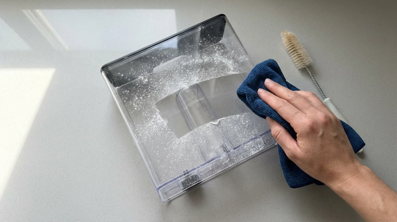 Hand wiping fine white residue from an appliance water reservoir on a countertop.