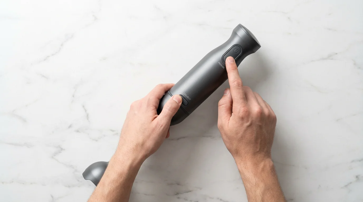 Hands awkwardly pressing the safety unlock and power buttons on a cordless immersion blender.