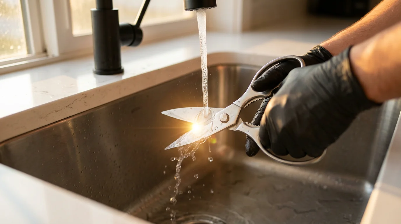 Hands carefully hand-washing stainless steel kitchen shears in a sink during golden hour.