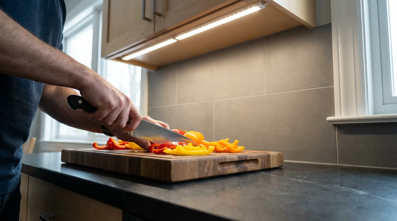 Hands chopping vegetables on a cutting board, perfectly lit by front-mounted under-cabinet lighting.