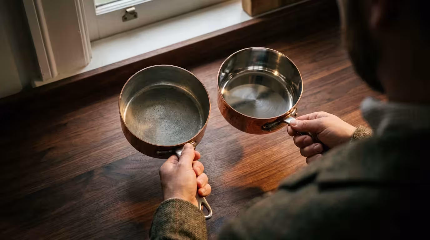 Hands comparing the interior tin and stainless steel linings of two copper saucepans.