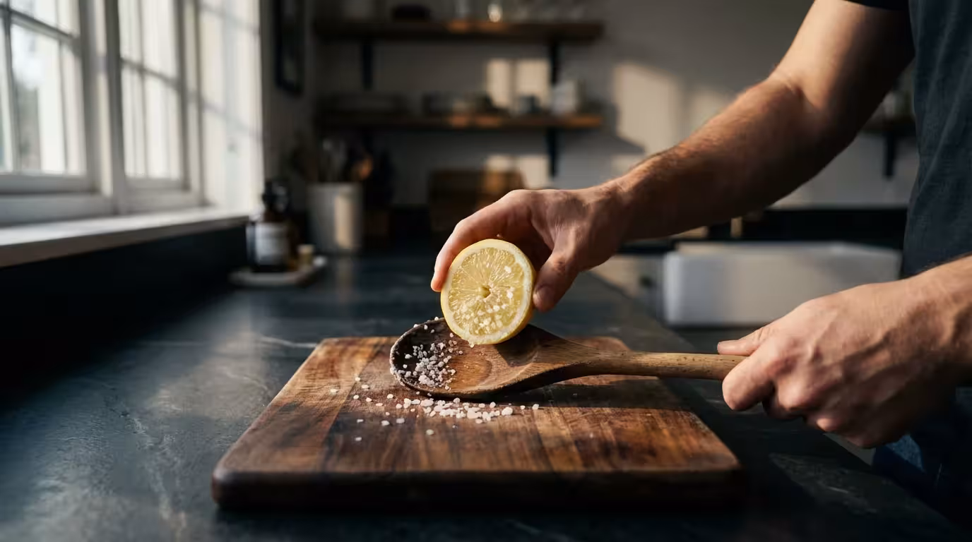 Hands deep cleaning a wooden spoon with a fresh lemon and salt on a cutting board.
