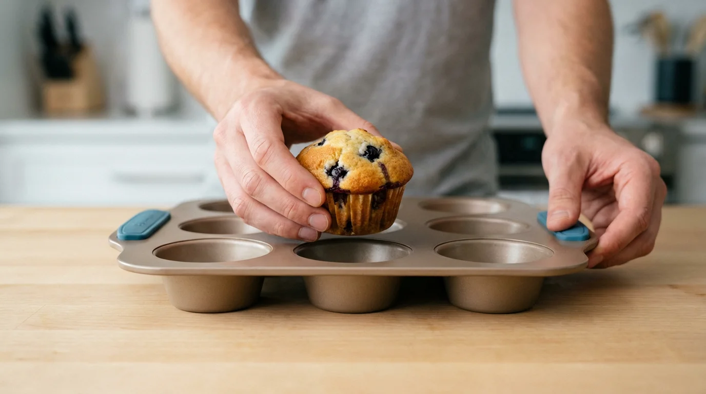 Hands easily removing a muffin from a colorful nonstick pan with silicone grips.
