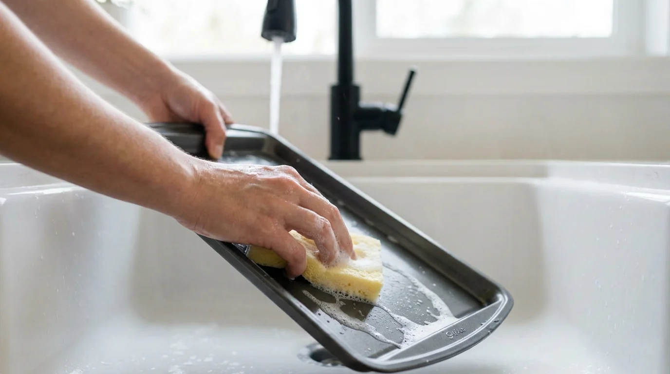 Hands gently washing a non-stick baking sheet with a soft sponge in a sink.