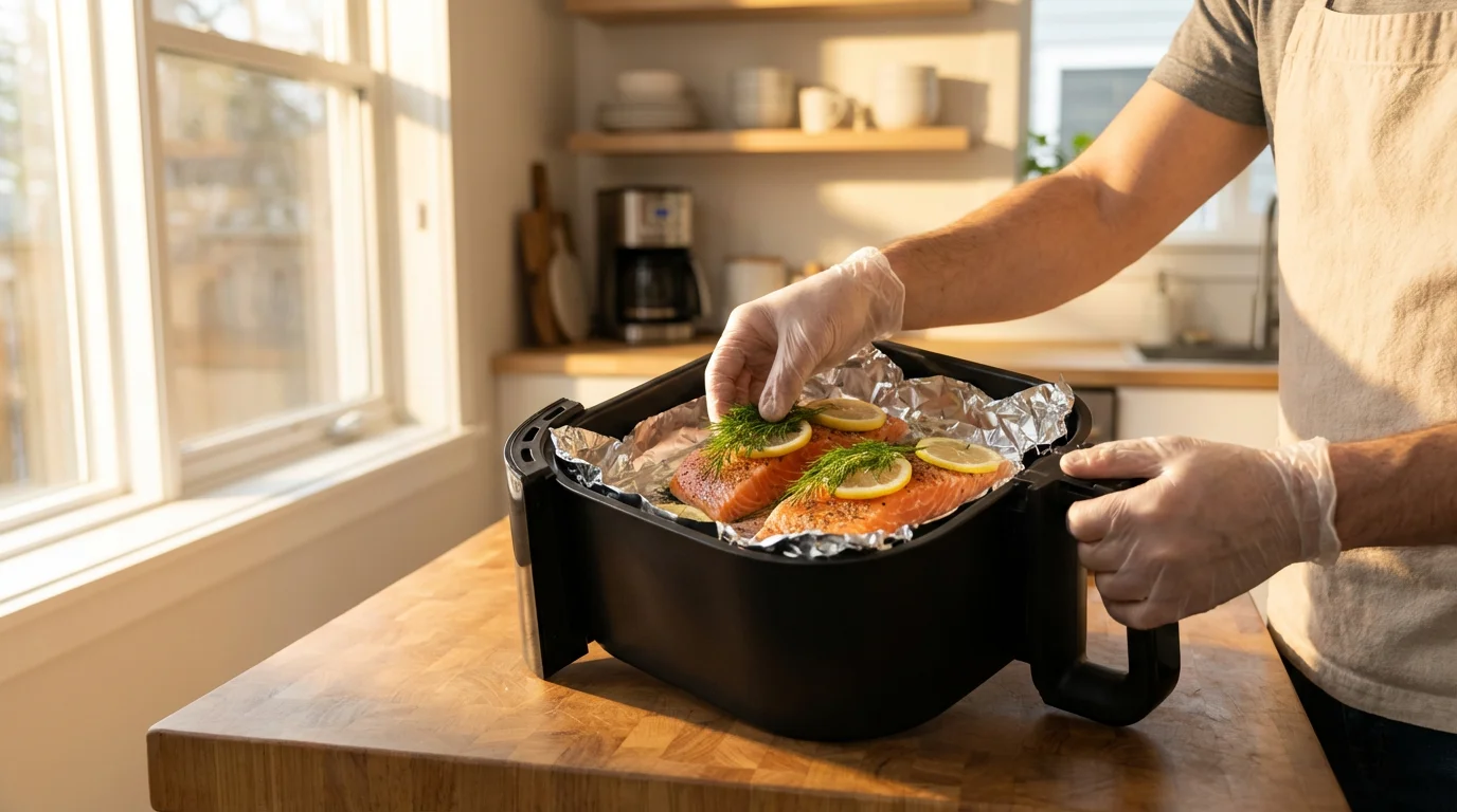 Hands placing salmon and lemon slices on aluminum foil inside an air fryer basket.