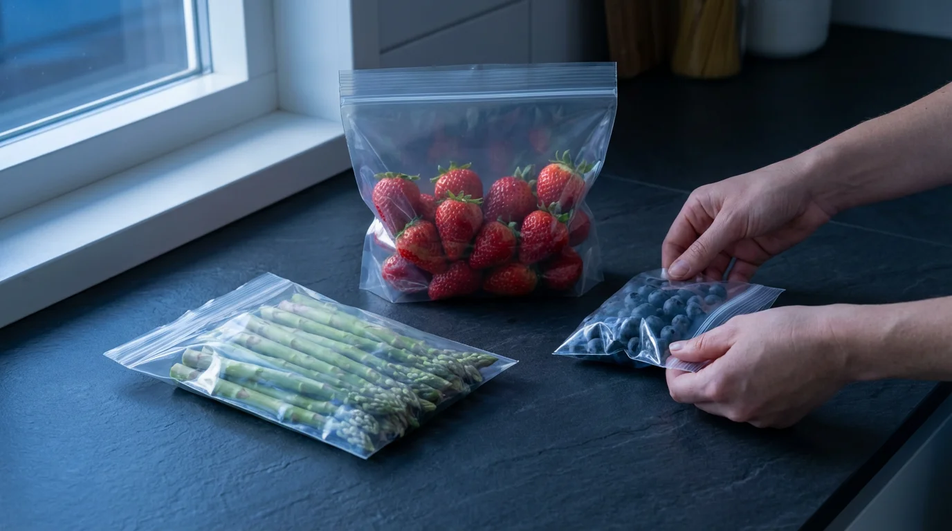 Hands sealing a clear food storage bag of blueberries on a dark kitchen counter.