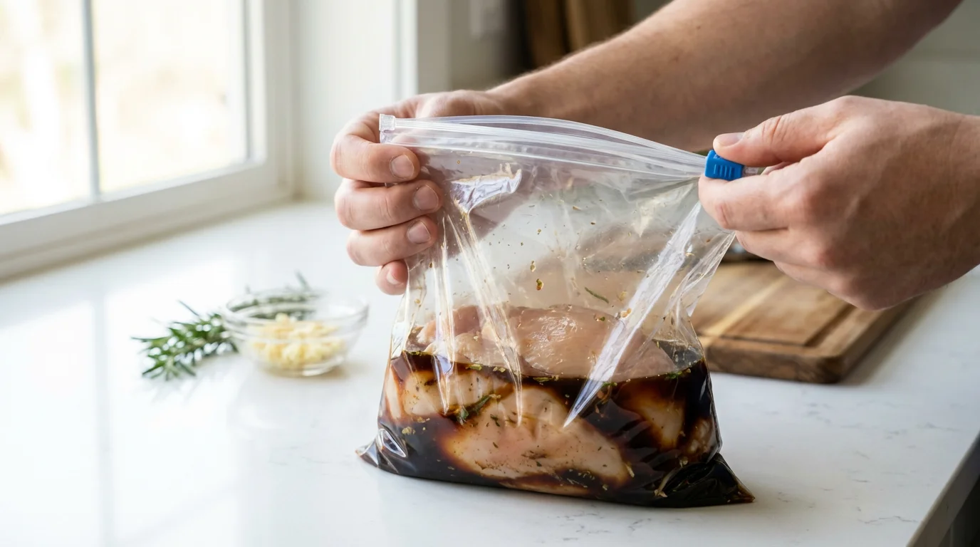 Hands sealing a slider freezer bag containing raw chicken in a dark marinade.