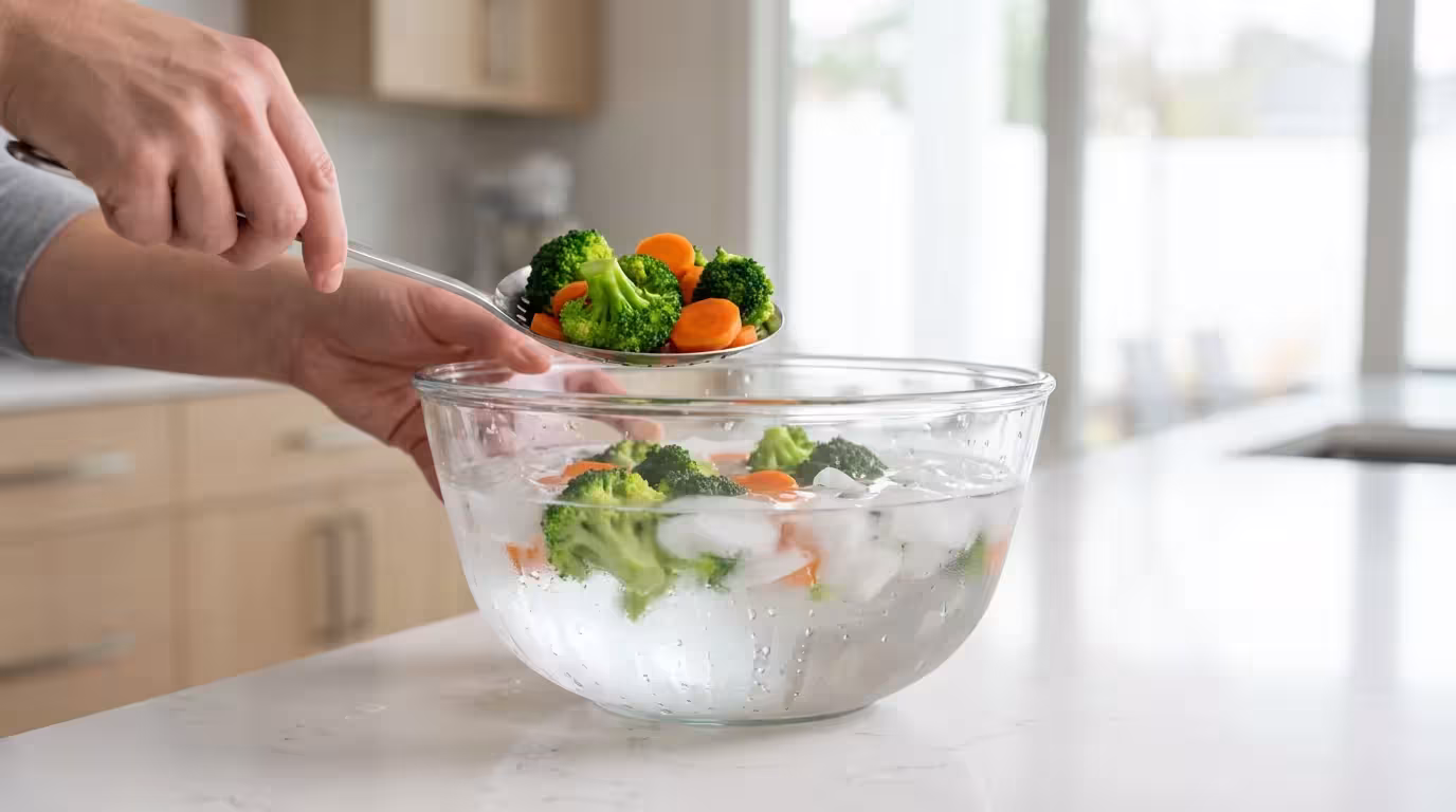 Hands using a slotted spoon to place blanched broccoli and carrots into a bowl of ice water.