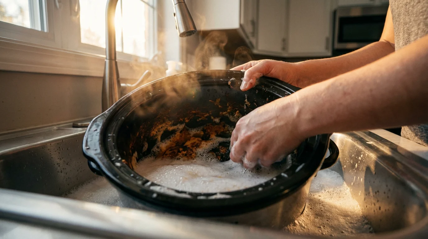Hands vigorously scrubbing a dirty slow cooker crock in a kitchen sink at sunset.