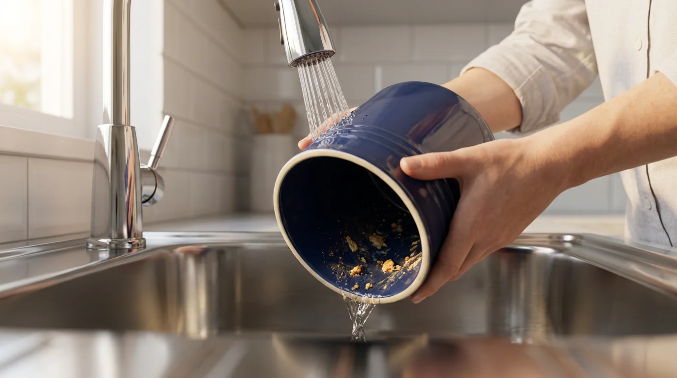 Hands washing the inside of a dirty ceramic utensil holder in a kitchen sink.