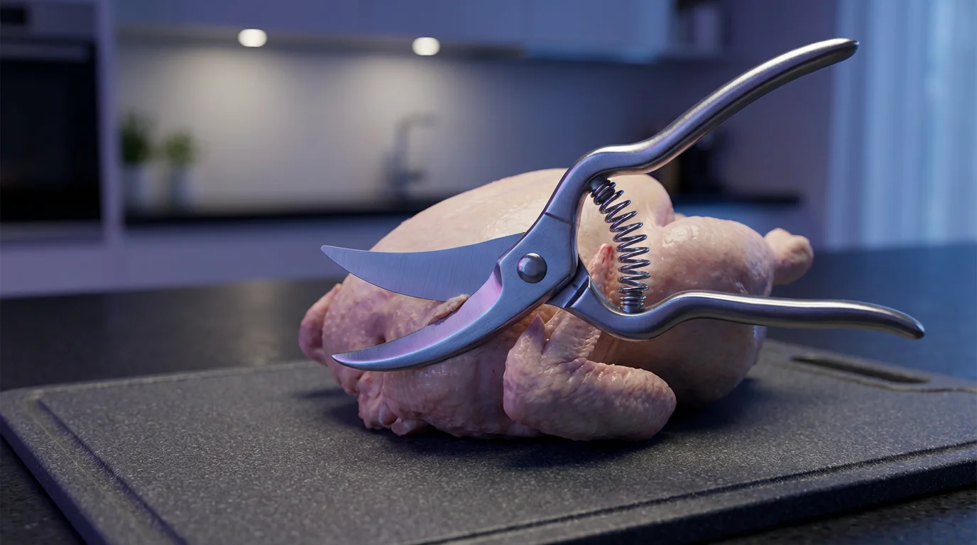 Heavy-duty poultry shears spatchcocking a raw chicken on a dark cutting board during blue hour.