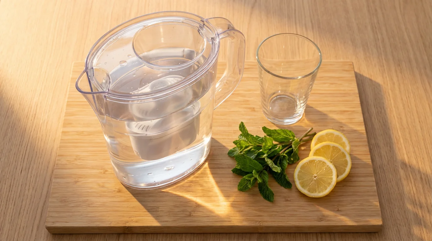High-angle flat lay of a compact water filter pitcher with a glass and lemons.