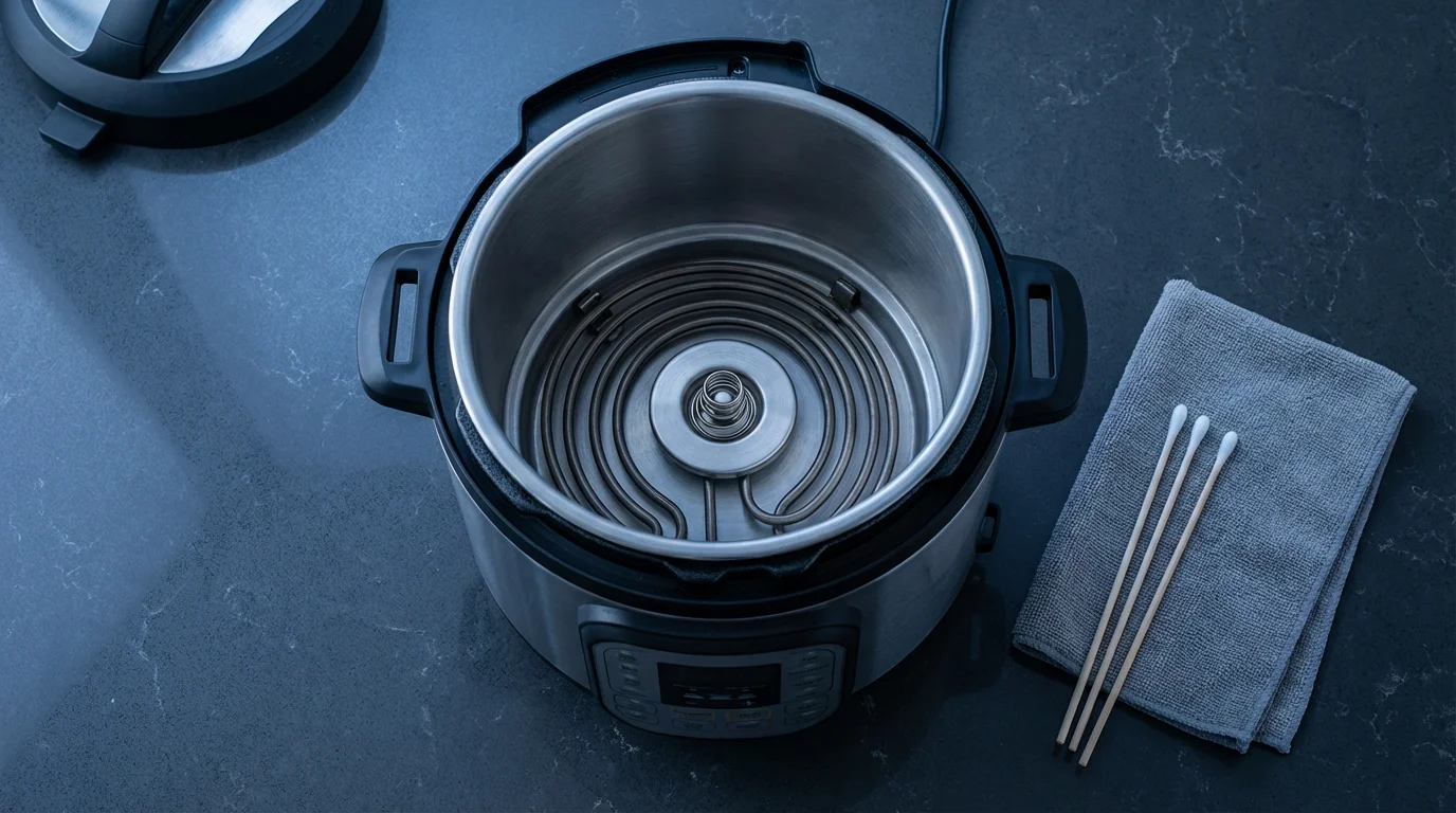 High angle flat lay of a multi-cooker's heating element and sensor with cleaning supplies.
