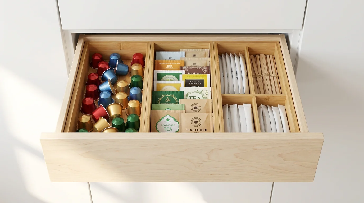 High angle flat lay of an organized kitchen drawer with coffee pods and tea.