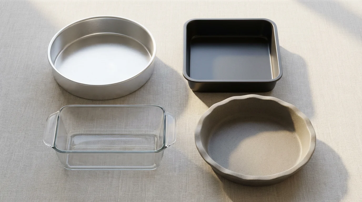 High-angle flat lay of bakeware made from aluminum, dark metal, glass, and stoneware.