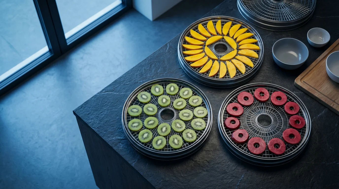 High angle flat lay of dehydrator trays being loaded with sliced mango and kiwi.