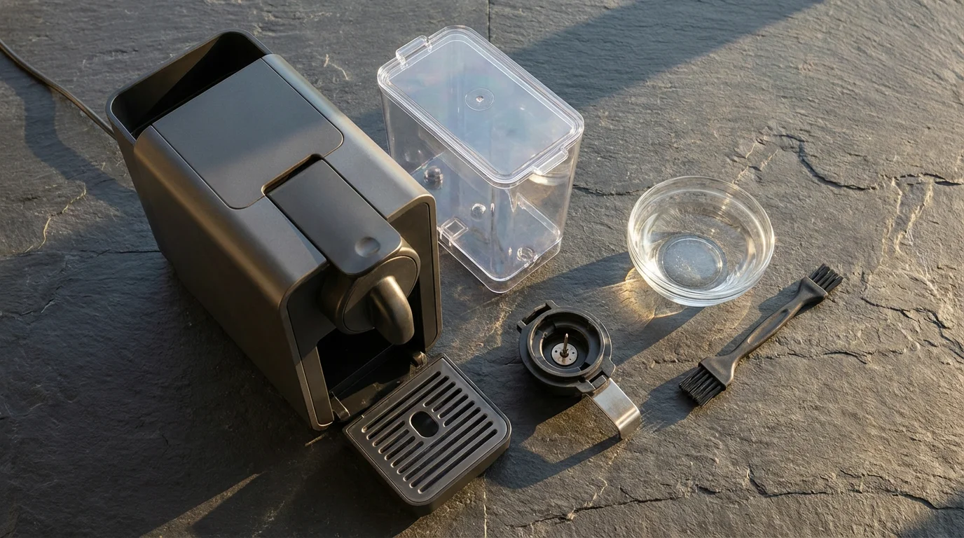 High-angle flat lay of disassembled single-serve coffee maker parts for deep cleaning.
