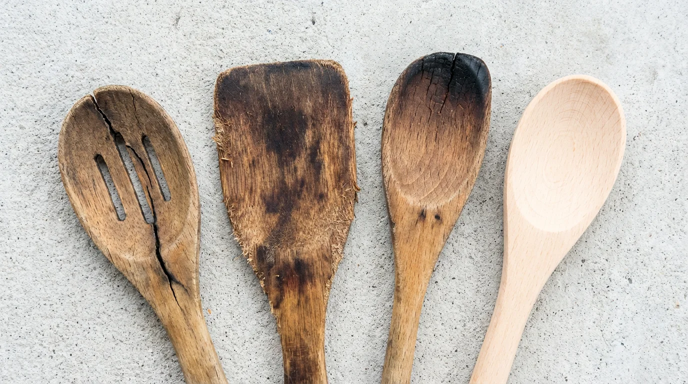 High-angle flat lay of old, cracked wooden spoons contrasted with a brand new one.