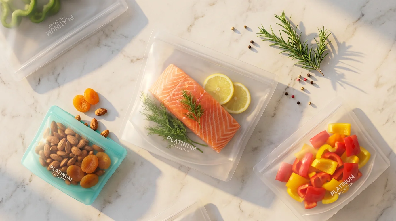High angle flat lay of reusable silicone bags with salmon, peppers, and snacks.