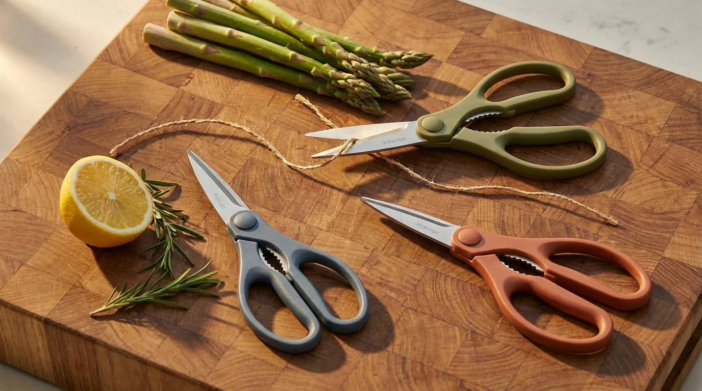 High angle flat lay of three colorful, budget-friendly kitchen shears on a butcher block.