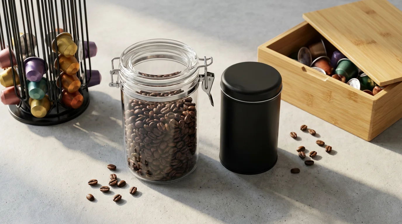 High angle flat lay of various coffee bean and pod storage containers on a concrete surface.