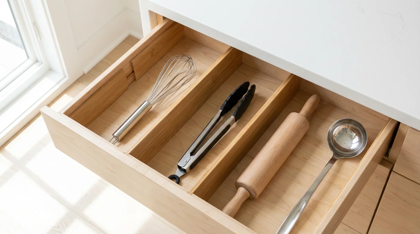 High angle shot of an organized kitchen utensil drawer using diagonal bamboo dividers.