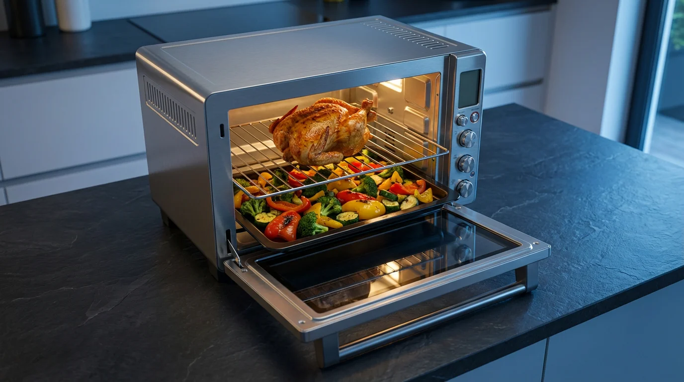 High-angle view of a countertop convection oven cooking a chicken and roasted vegetables.