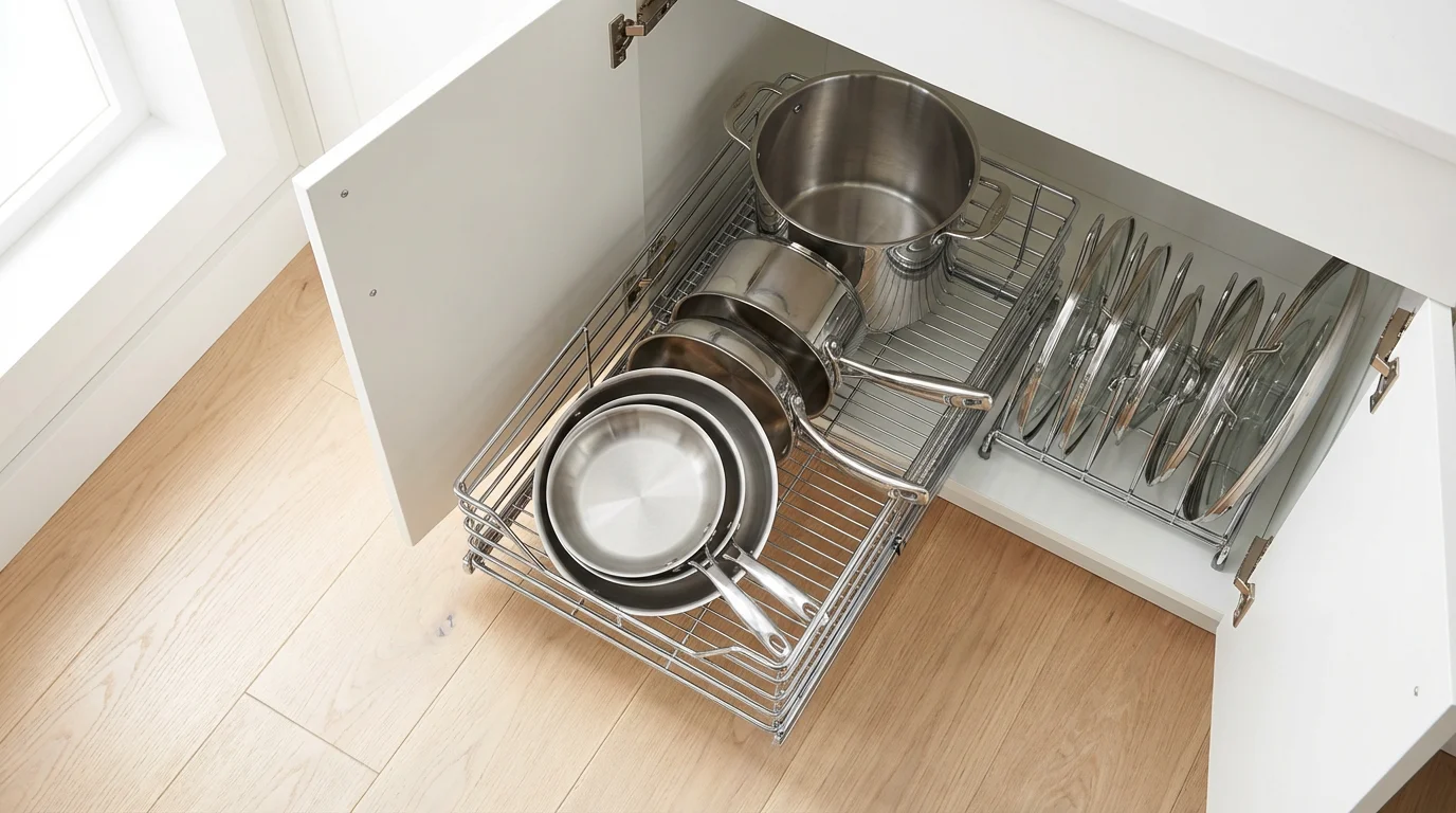 High angle view of a pull-out kitchen cabinet organizer with neat pots and pans.
