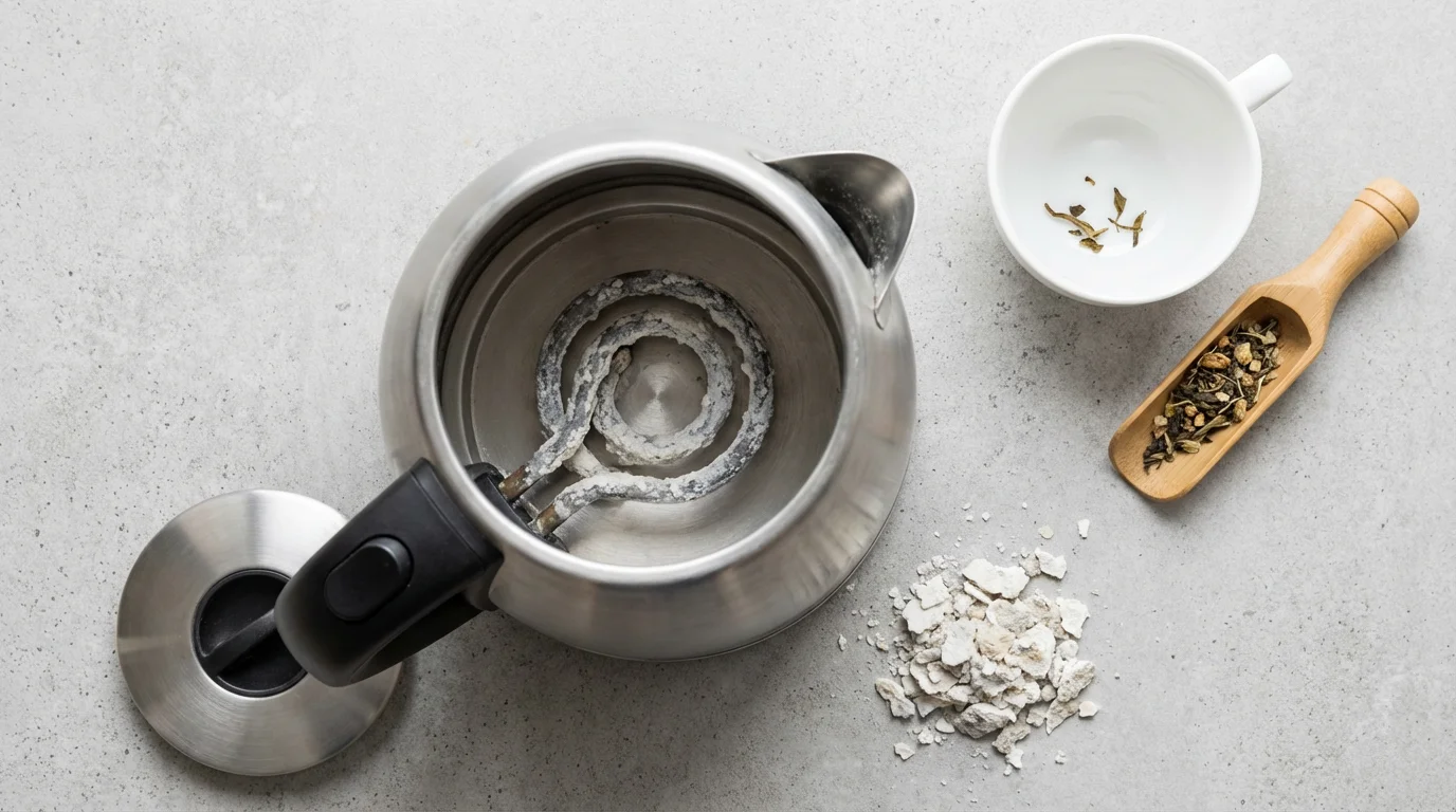 High angle view of an open electric kettle with heavy white limescale buildup inside.