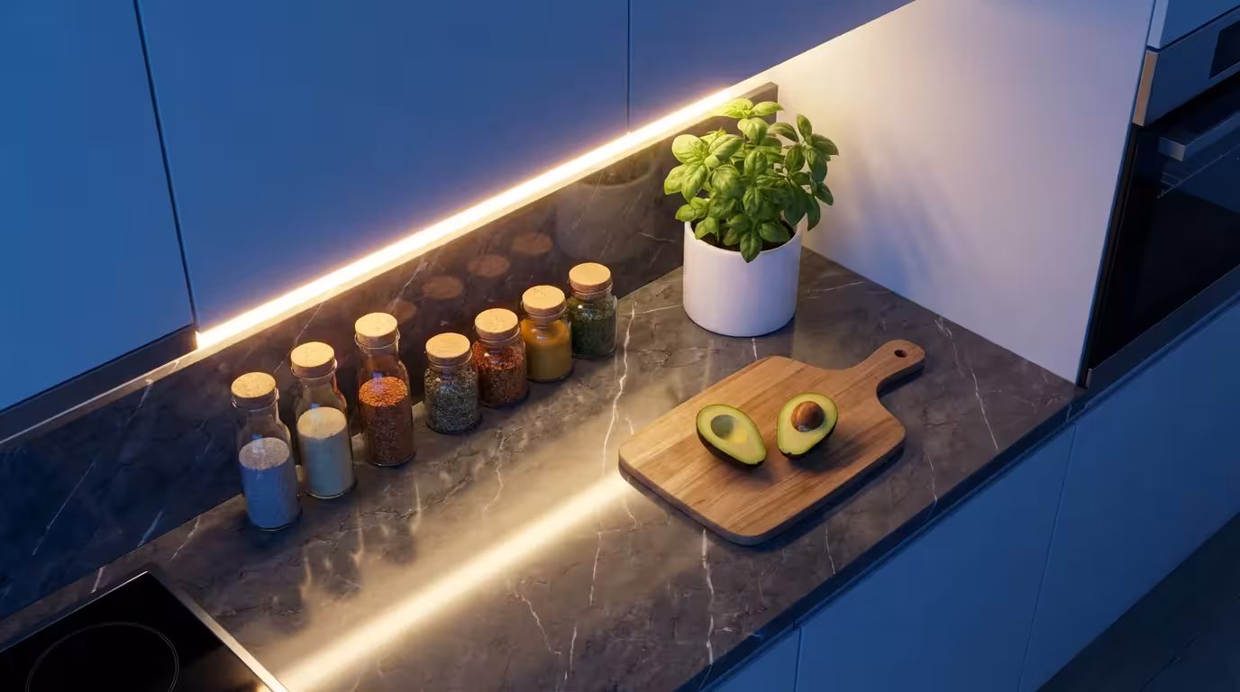 High-angle view of an organized kitchen counter with spice jars under warm cabinet lighting.