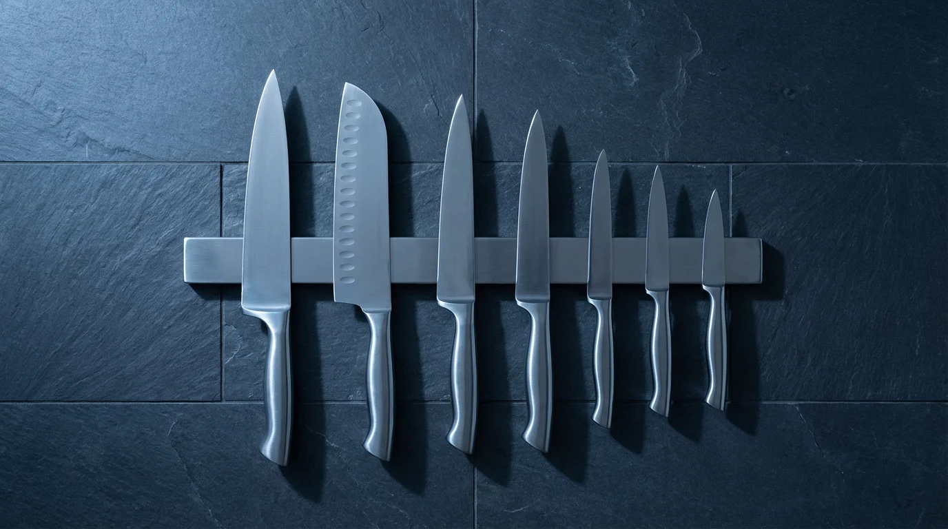 High-angle view of chef's knives on a magnetic strip against a dark slate wall.