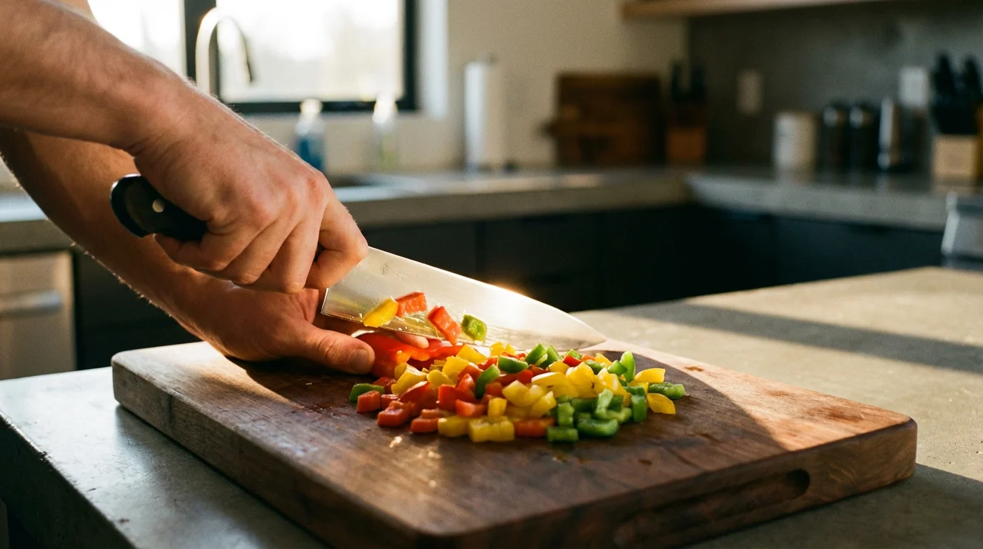Left-handed person using a professional chef's knife to chop bell peppers in a modern kitchen.