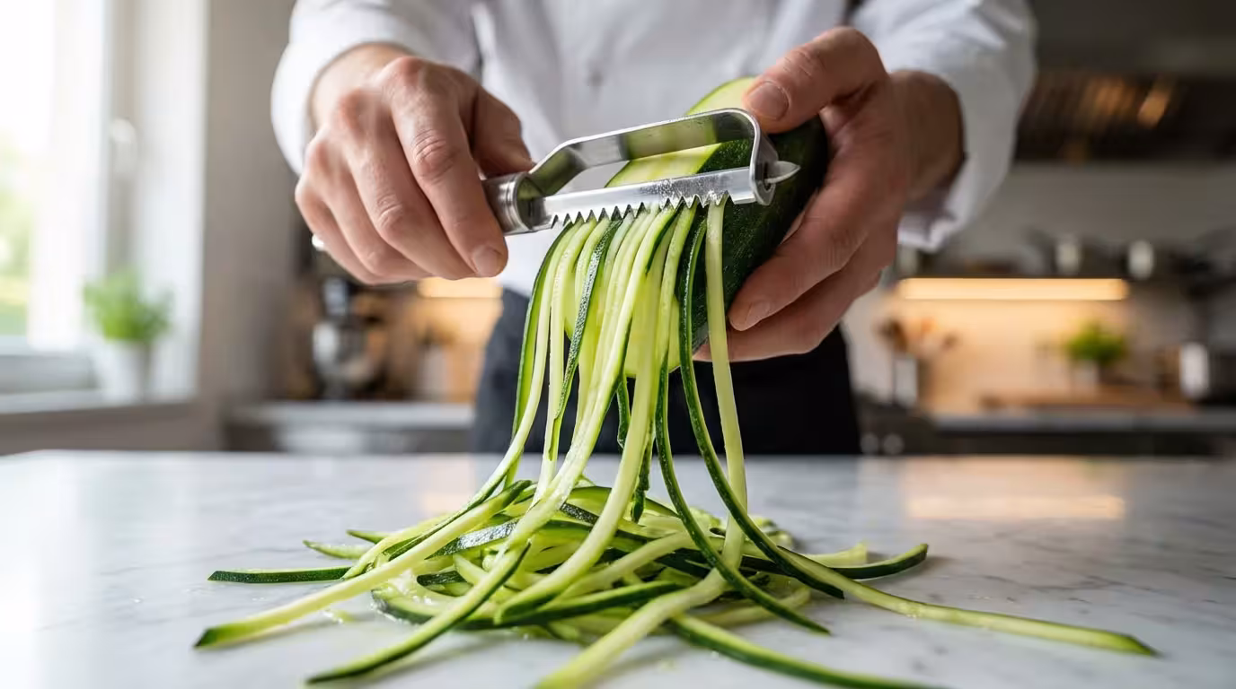 Low angle action photo of a julienne peeler creating thin zucchini strips.