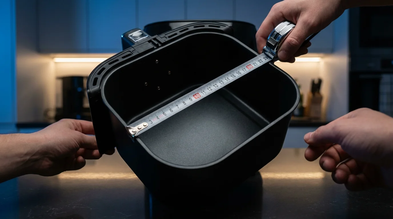 Low angle photo of hands measuring an empty square air fryer basket with tape.