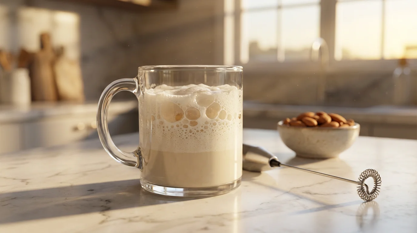 Low angle shot of a glass of poorly frothed almond milk during golden hour.